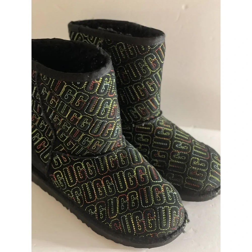 Ugg Boots Girls size 4 Graphic stitch rainbow colorful black slip on bootie